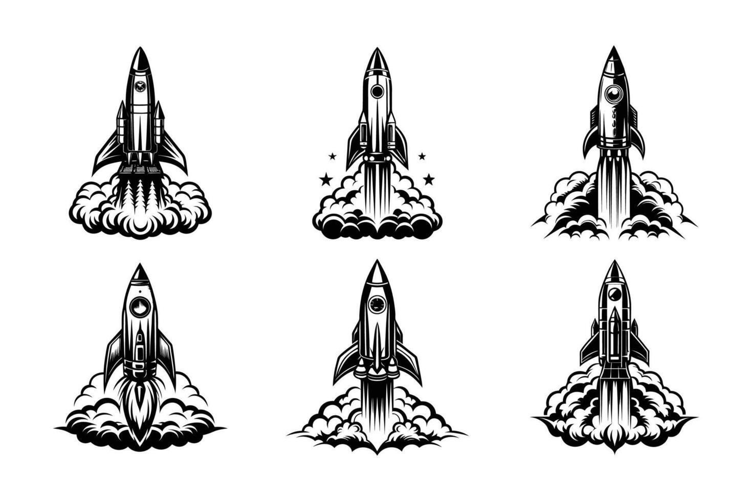 Isolated rocket launch silhouette icon collection pack vector