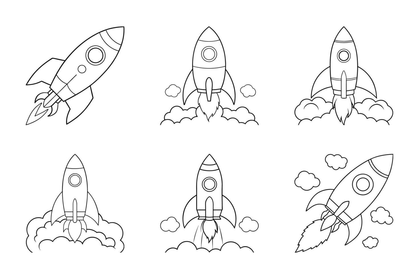 Rocket launch silhouette icon set collection vector