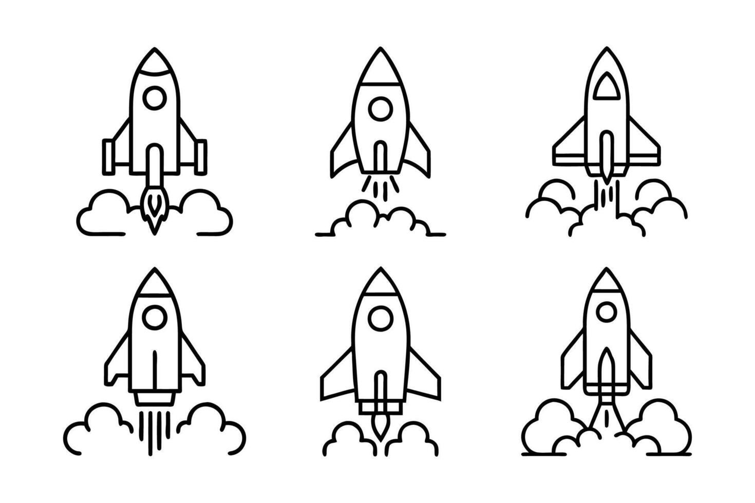 Rocket launch line art silhouette icon set vector