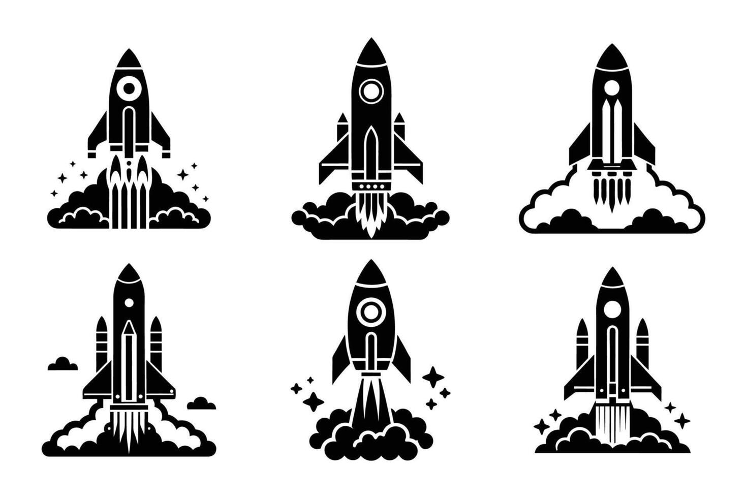 Isolated flat rocket launch silhouette icon pack vector