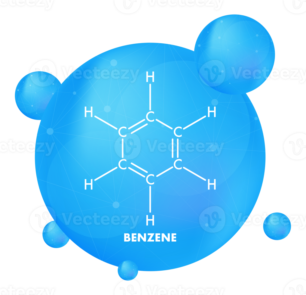 Benzene molecule structure inside blue sphere with smaller spheres floating around png
