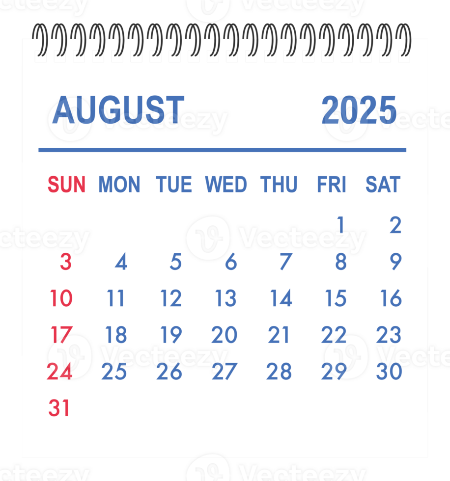 August 2025 calendar page showing days and weeks png