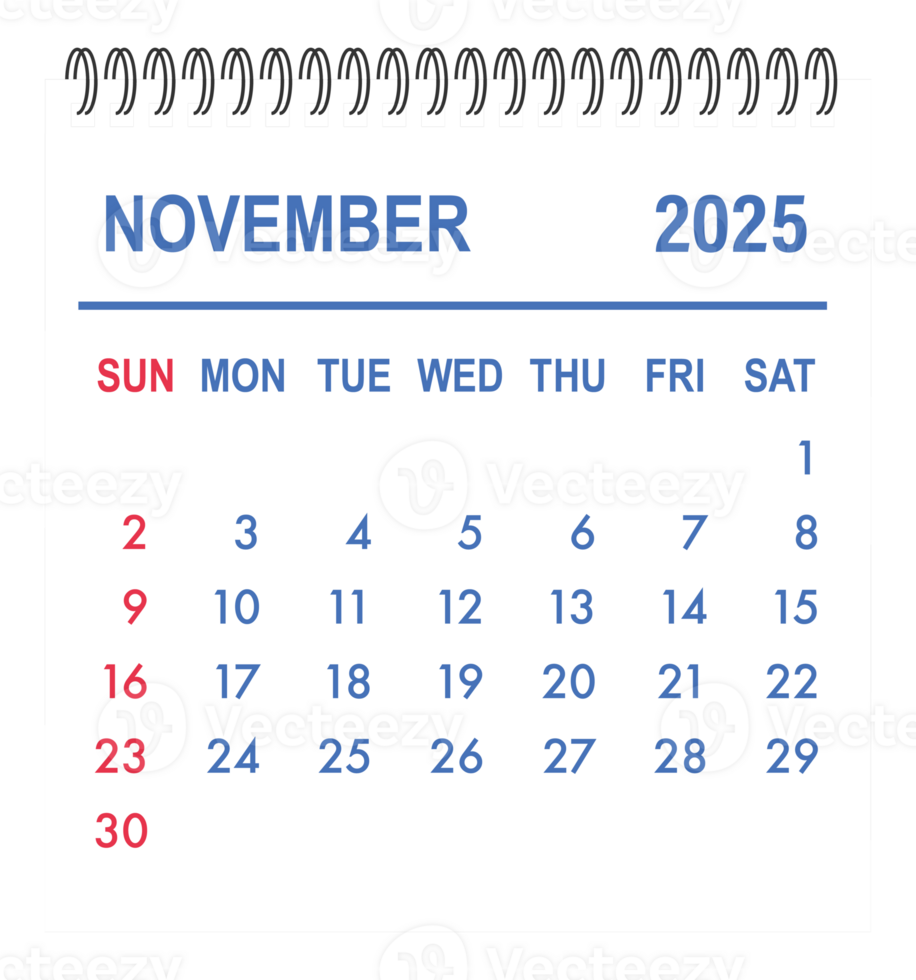 November 2025 tear off calendar page showing days and dates png