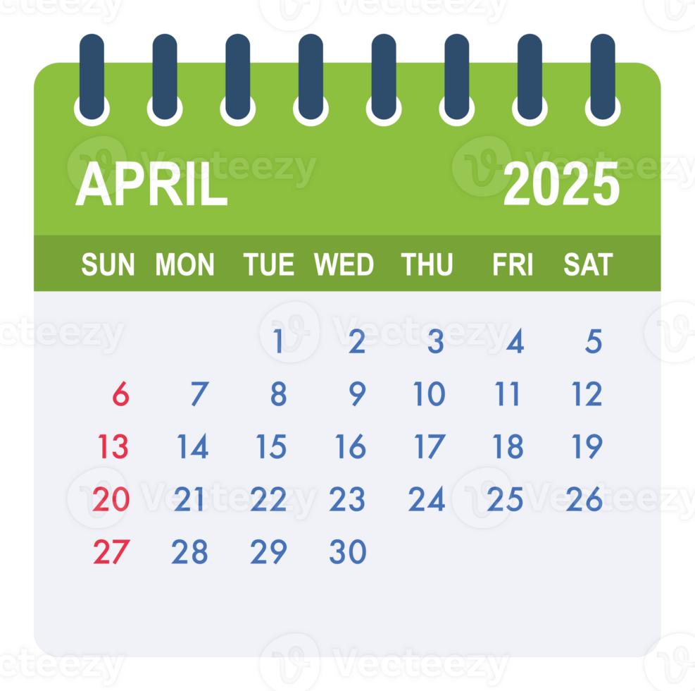 April 2025 calendar page showing days, weeks and months png