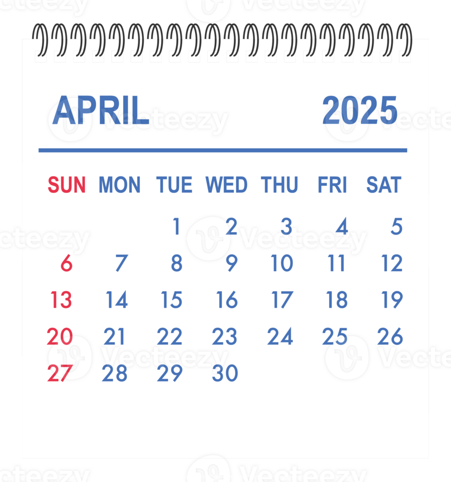 April 2025 calendar page showing days and dates png