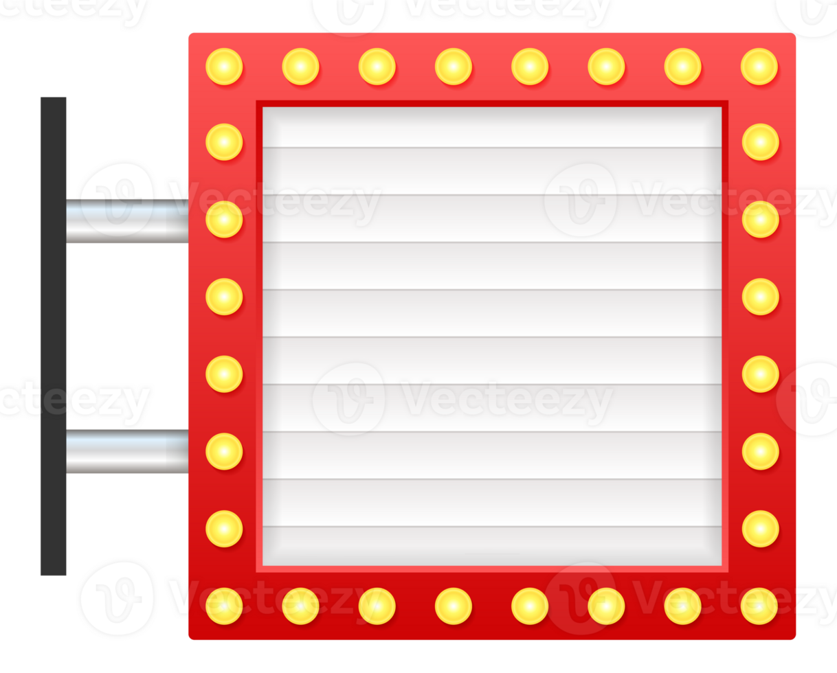 Red frame cinema billboard with light bulbs is showing a white screen png