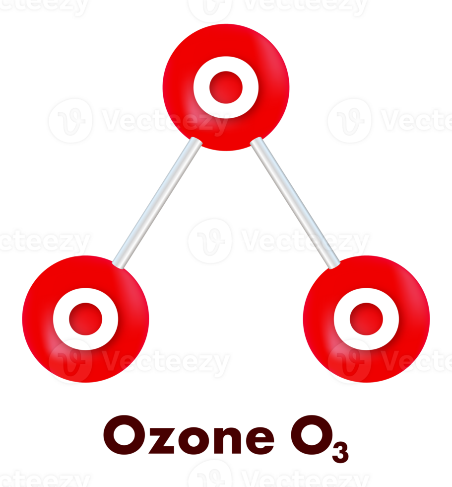 Ozone O3 molecule model with three oxygen atoms forming a triangular structure png