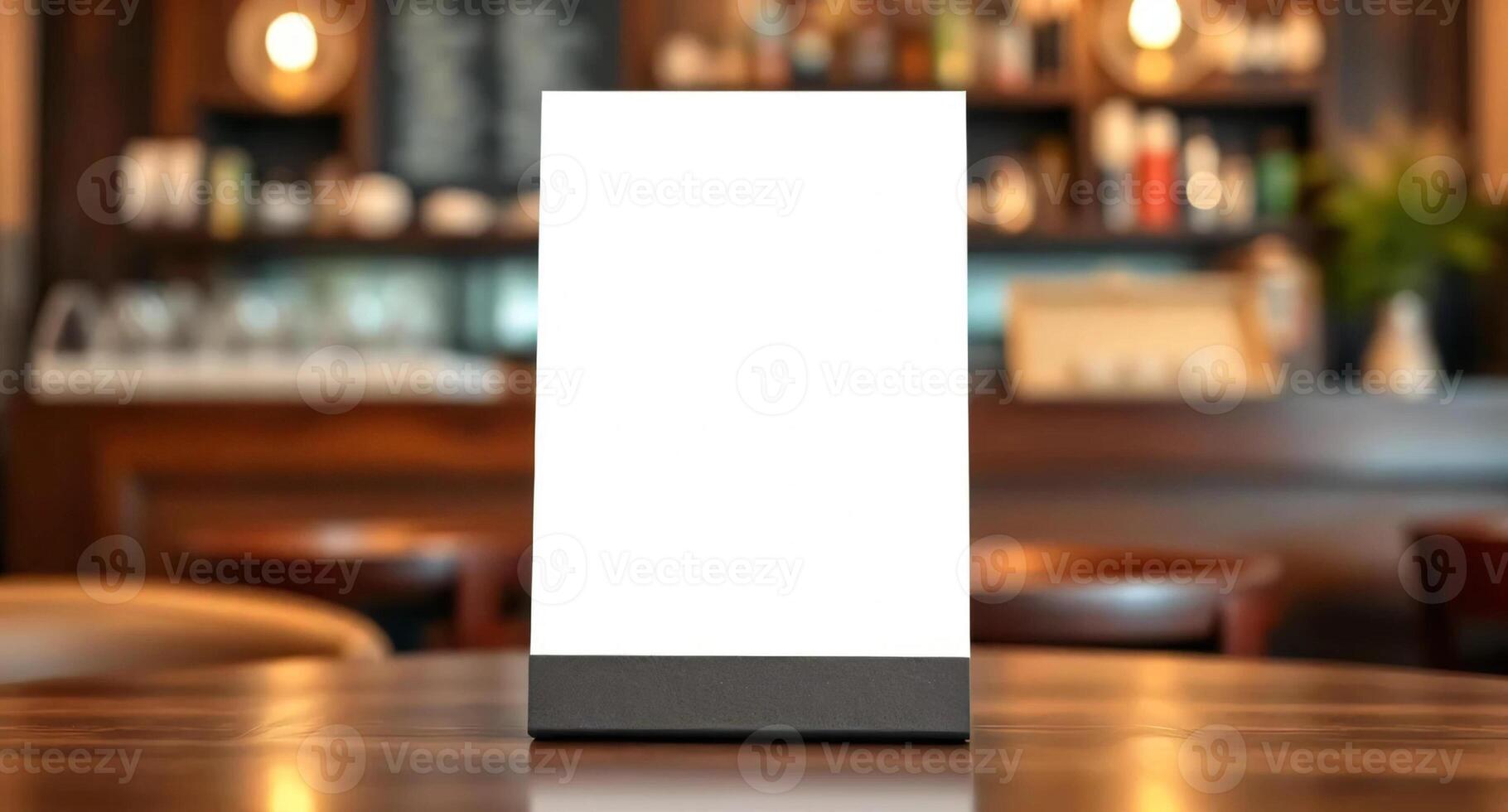A blank white box on a table in front of a bar photo