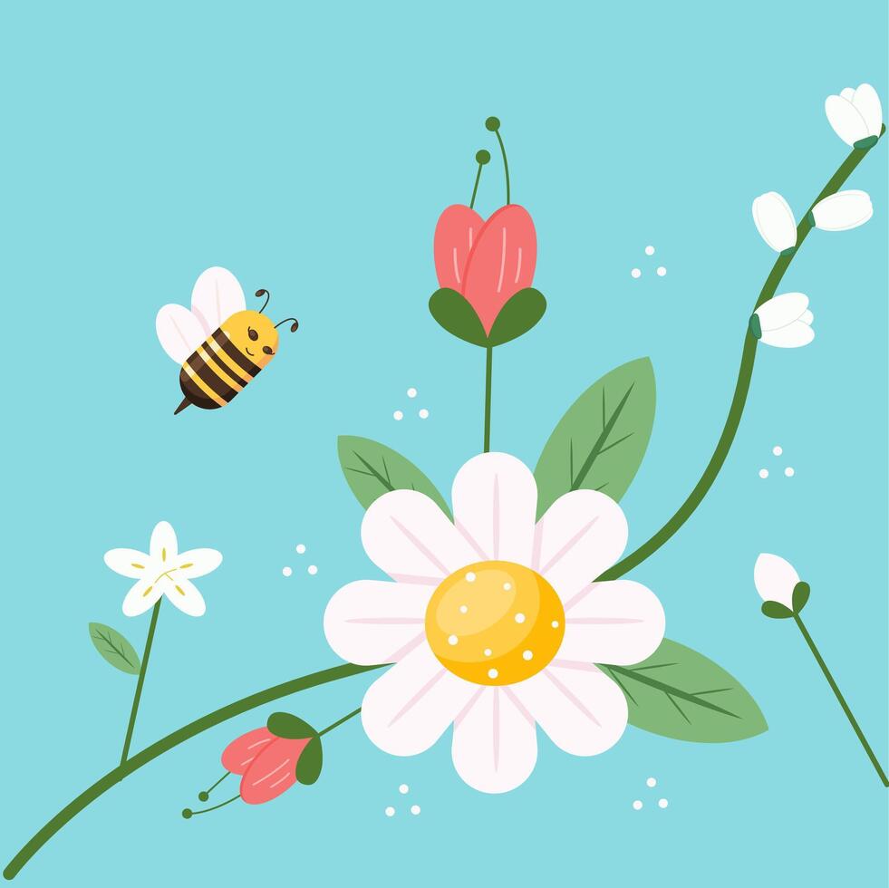 Spring Blossom and Bee Flat Illustration vector
