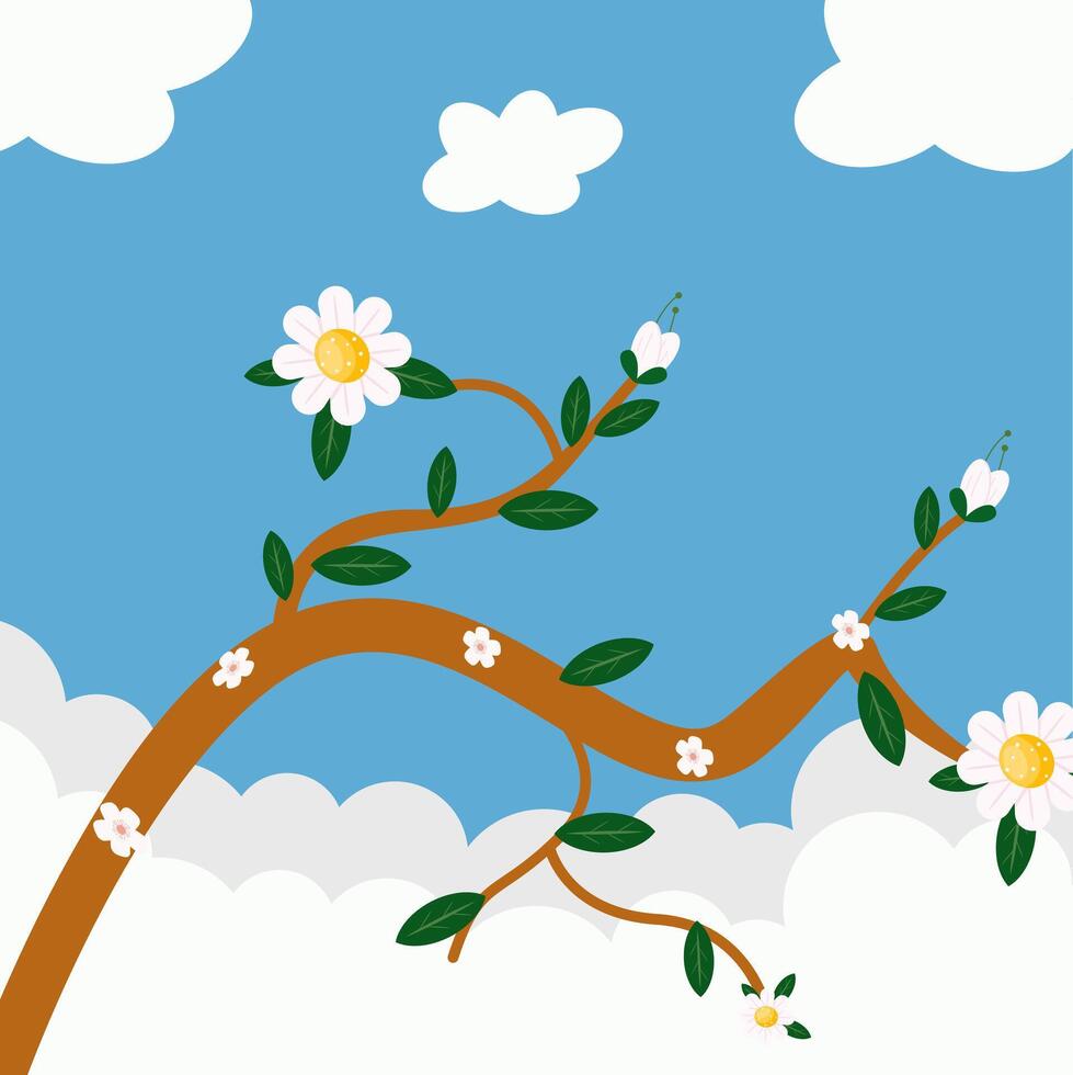Blooming Branch on Blue Sky with spring flower, flat design style vector