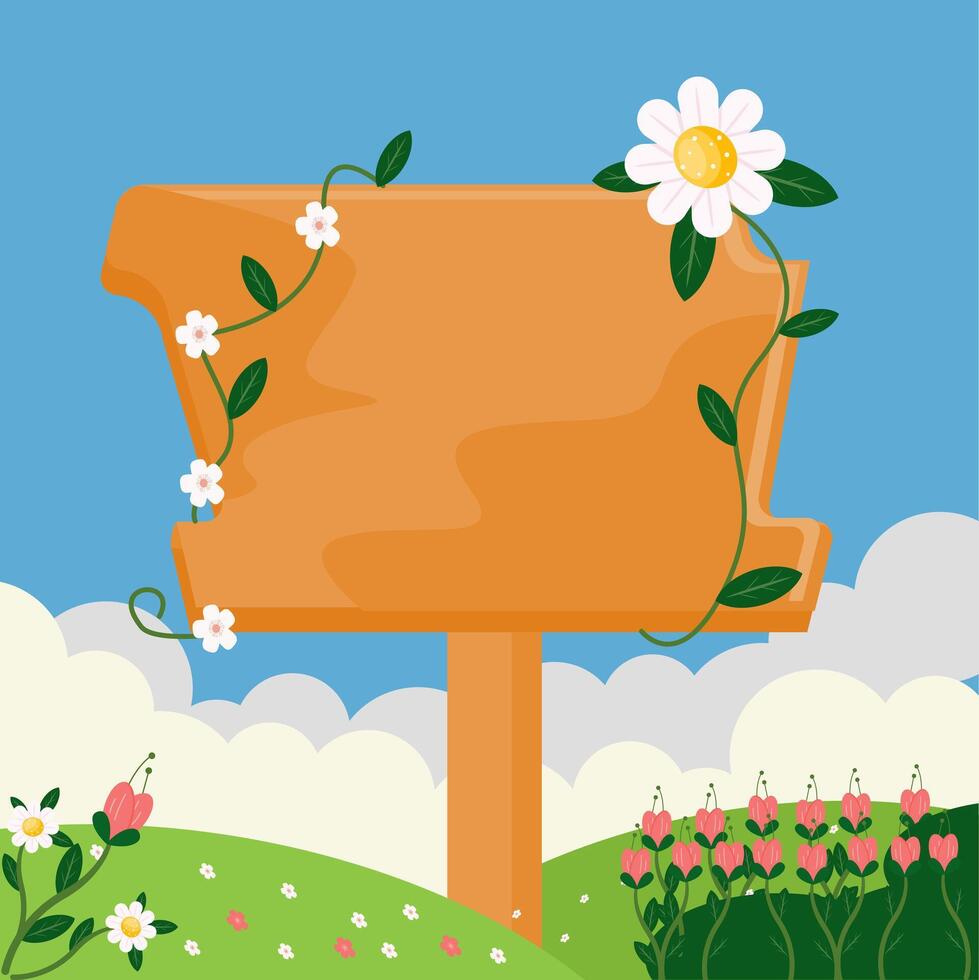 Rustic Wooden Board in Spring Meadow with copy space area vector