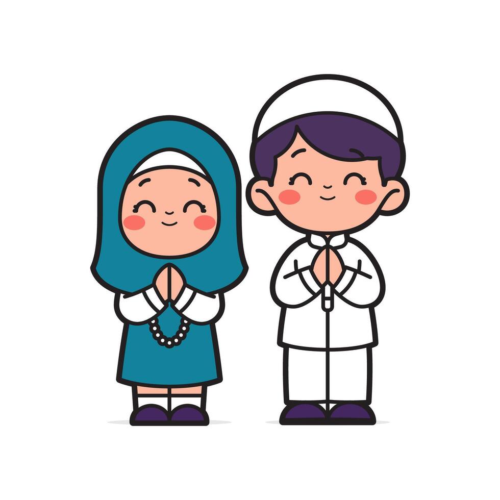 Adorable Islamic Cartoon in Simple Flat Bold Style Of Cute Smiling Muslim Kids Posing Salam vector