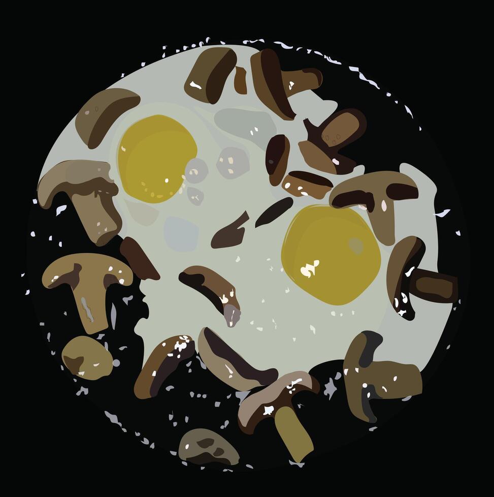 Fried sunny side up eggs with mushrooms on a round frying pan. vector
