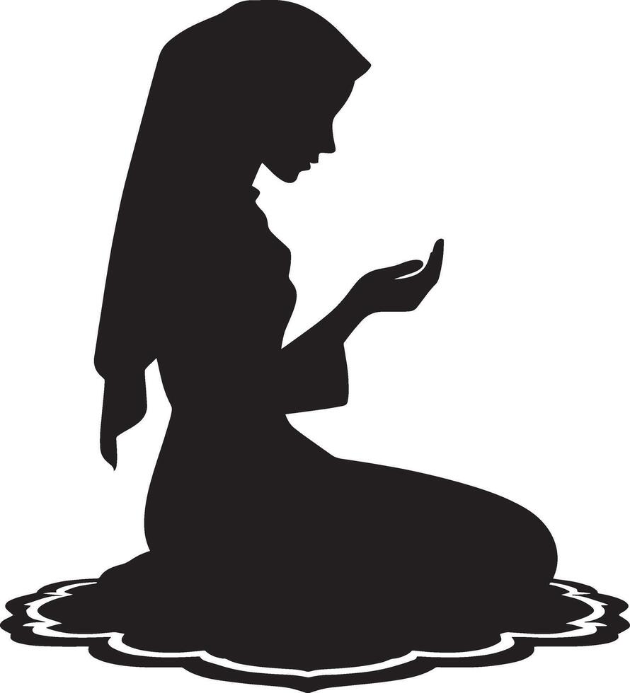 Woman in Hijab reciting prayers silhouette on a white surface vector