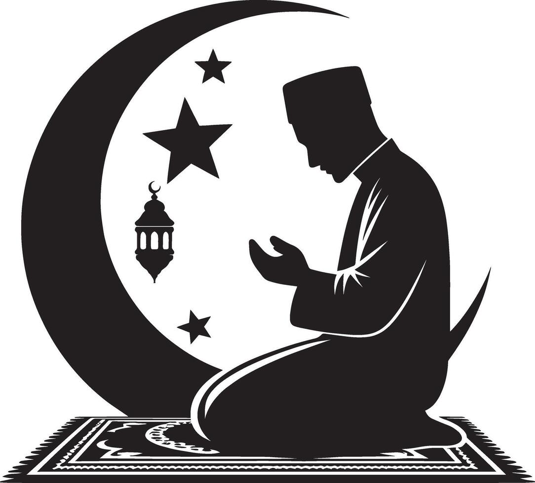 Man performing salah silhouette illustration on white background vector
