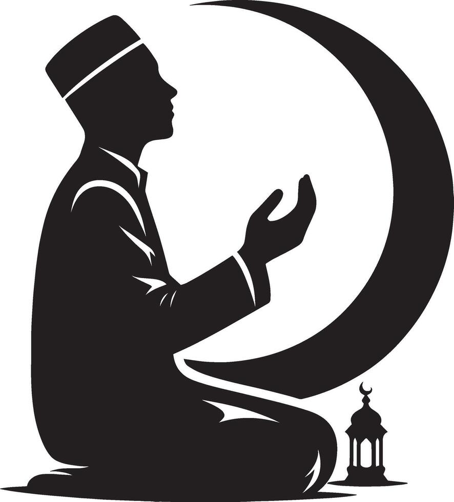 Devoted man in Islamic prayer pose shadow illustration on white vector