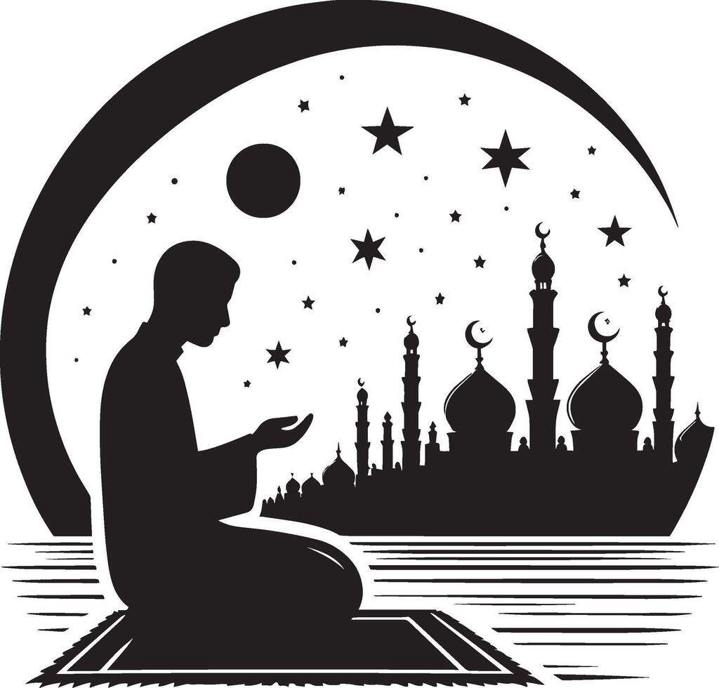 Man reciting dua during Ramadan shadow artwork on a white background vector