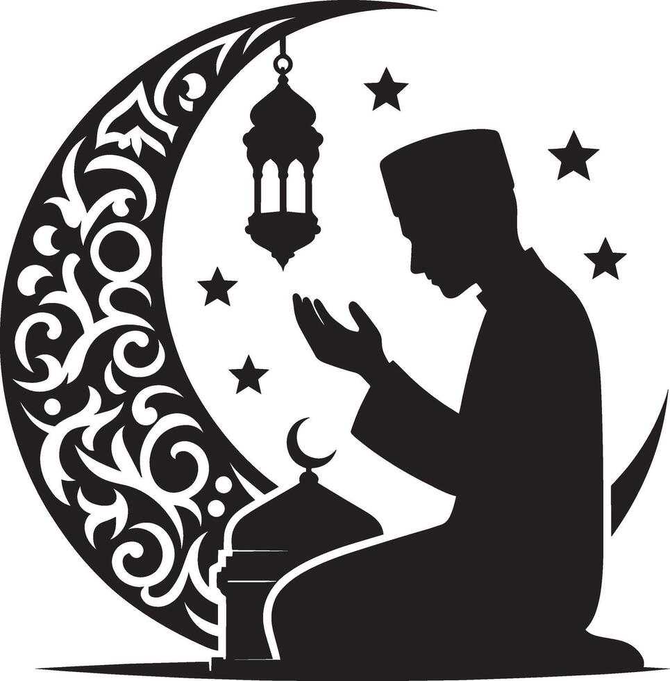 Devout man raising hands in ibadah silhouette illustration on white vector