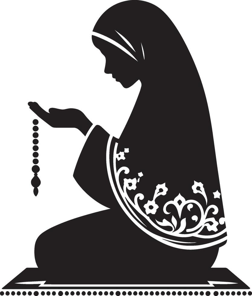 Pious woman making Dua during Ramadan silhouette on a white backdrop vector
