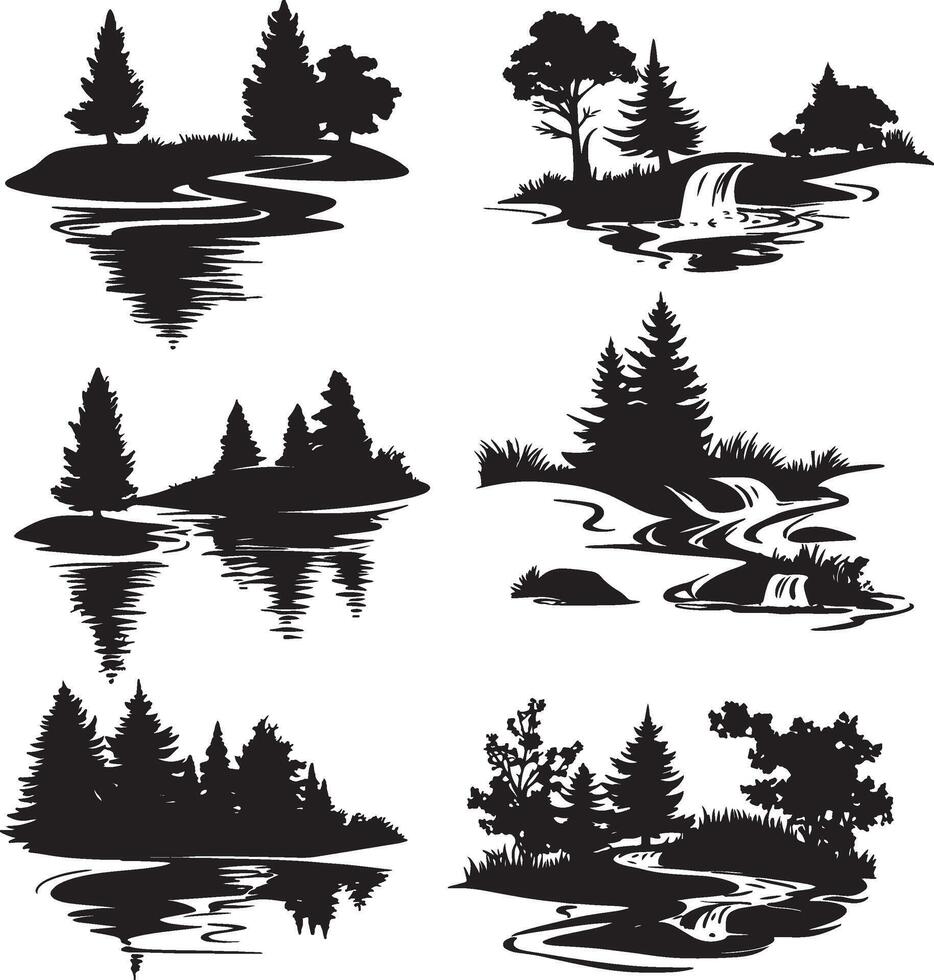 Silhouetted trees and water in a forest setting. vector