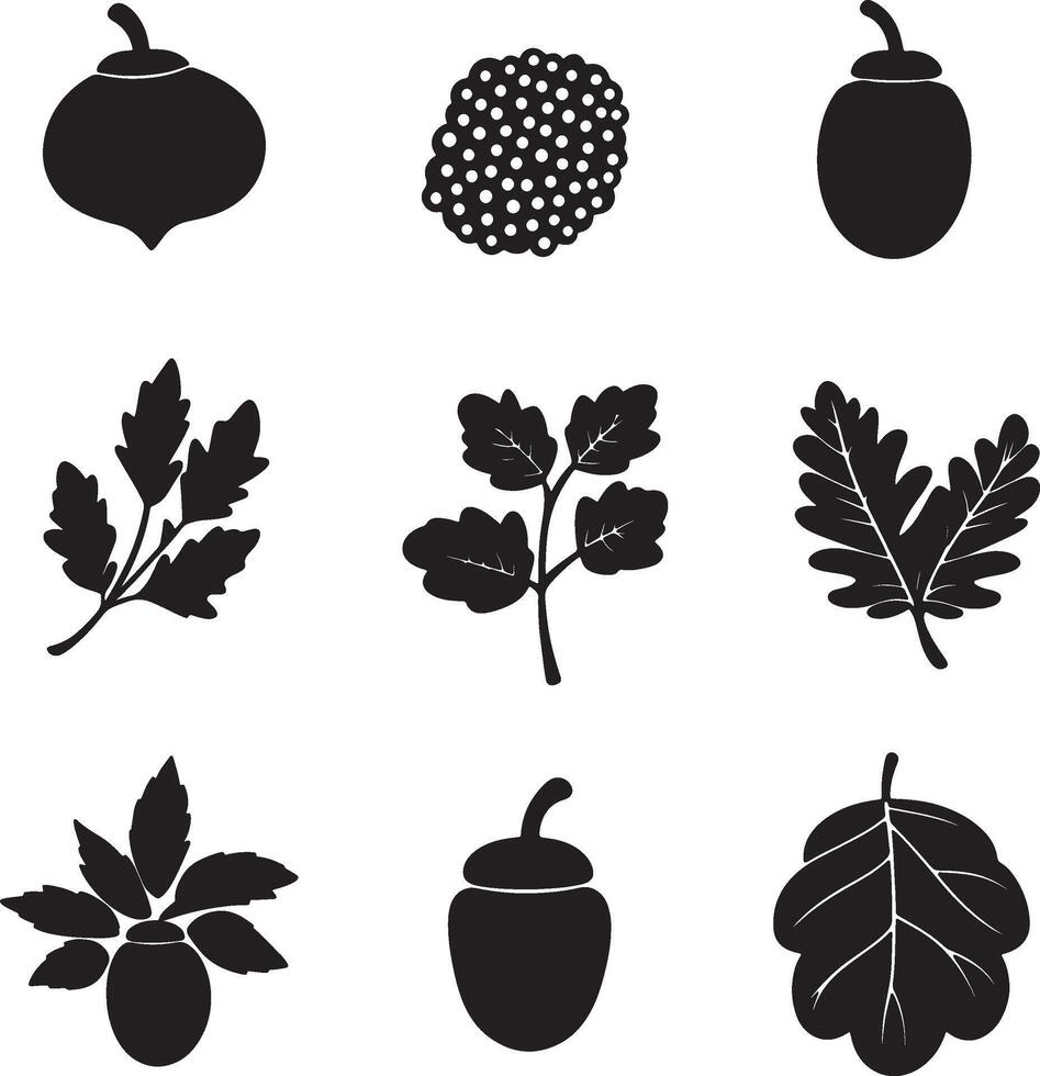 black oak leaves and acorns icons set vector