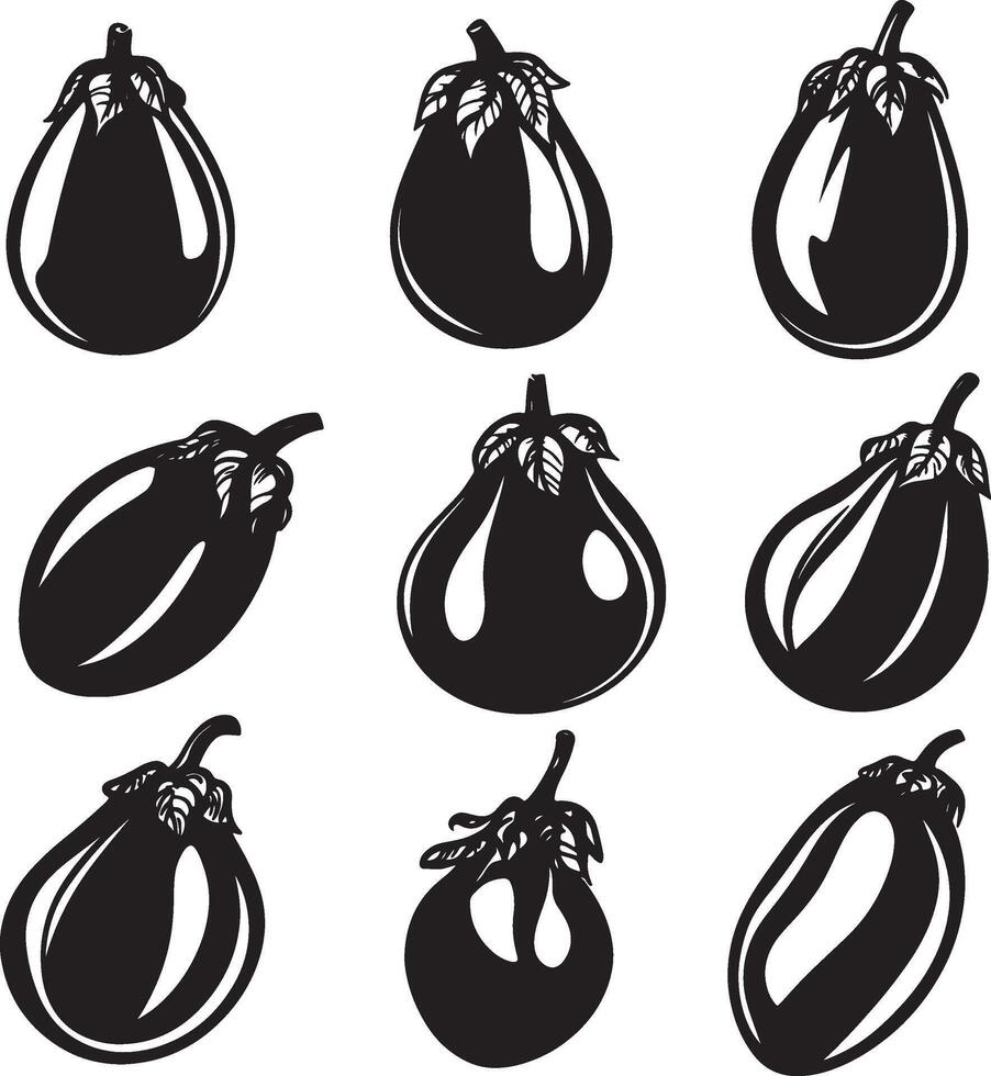 A series of black-and-white illustrations showcasing eggplant silhouettes. vector