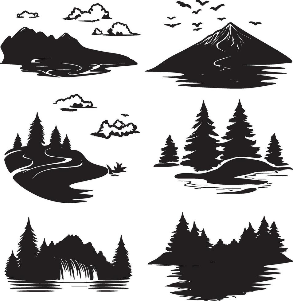 a set of black and white illustrations of mountains, trees and water vector