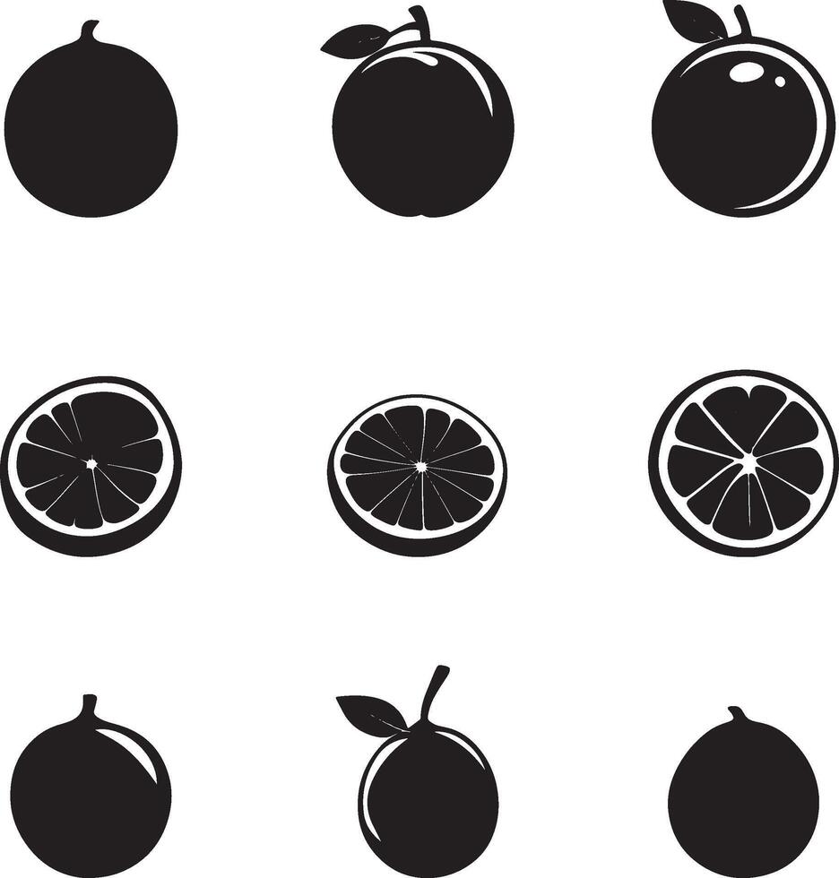 black and white fruit icons set, including oranges, lemons, limes, and grapefruit vector