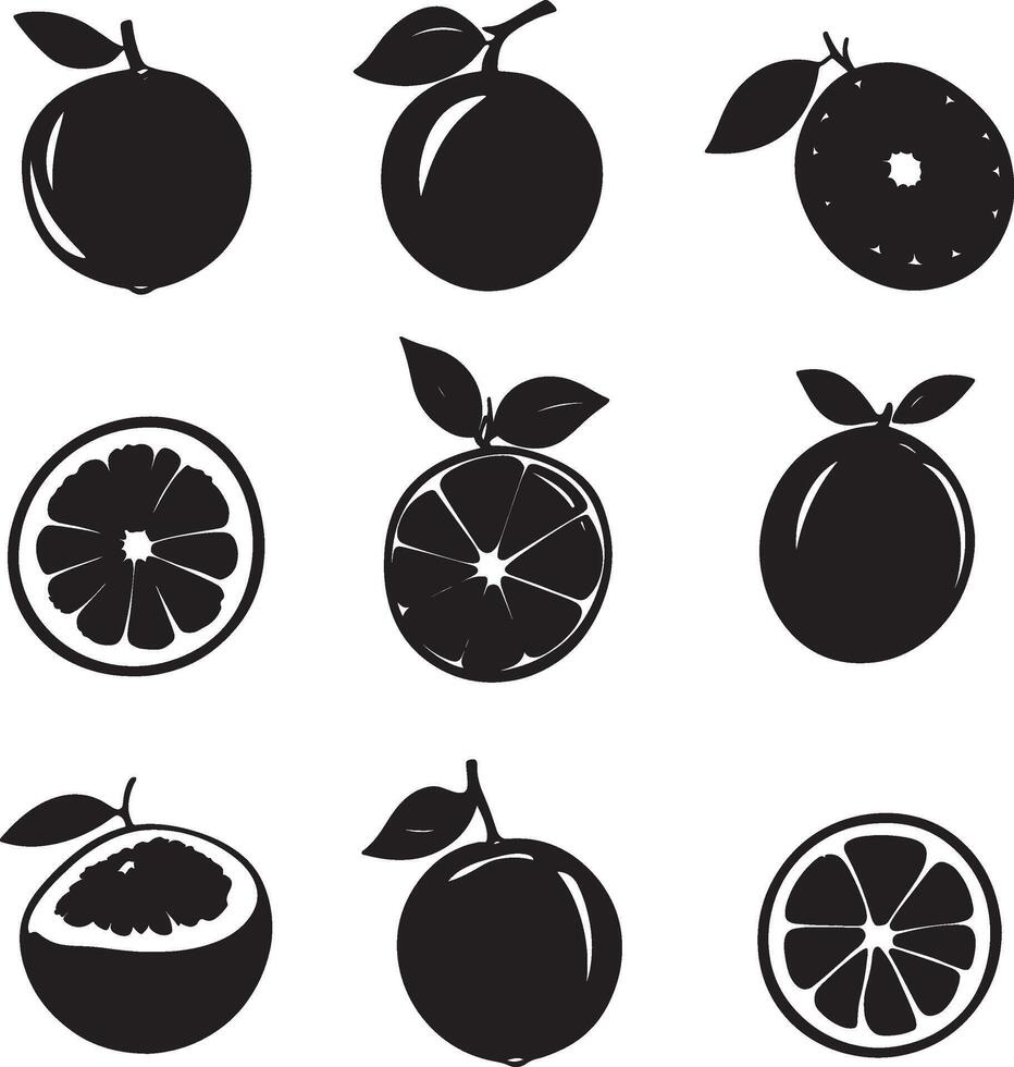 black and white fruit icons set, including oranges, grapefruit, grapefruit, grapefruit, vector