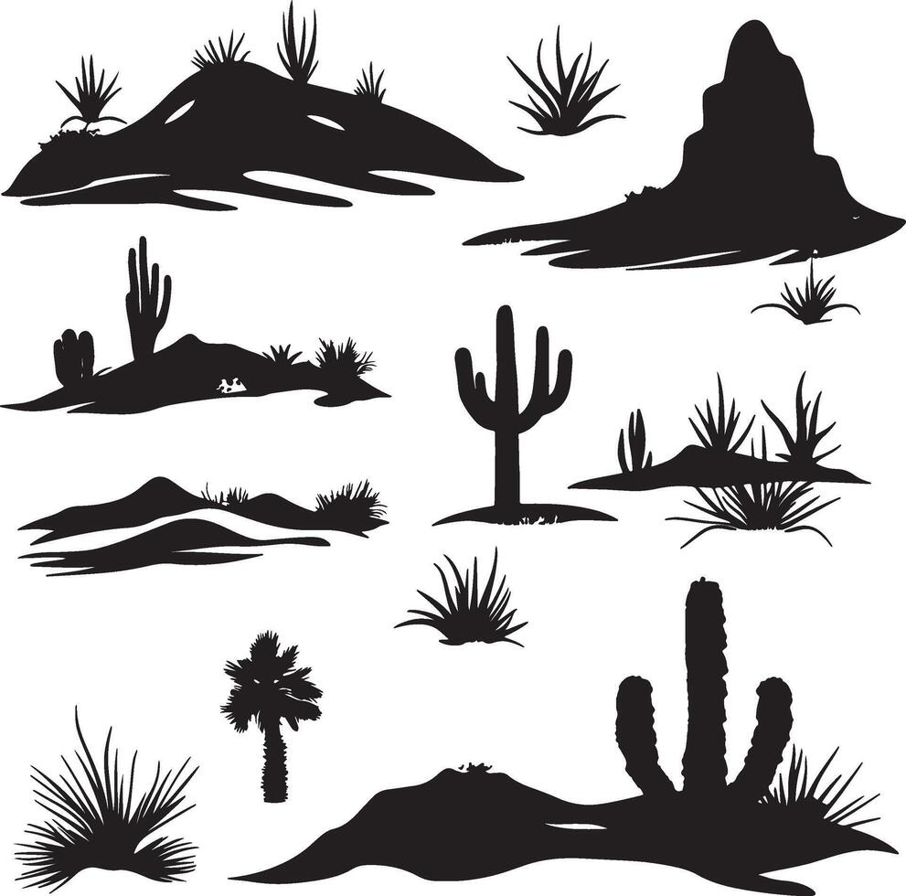 various silhouettes of desert plants and cactus vector