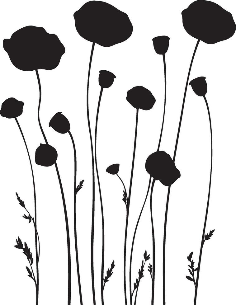 A set of monochrome outlines featuring poppies. vector