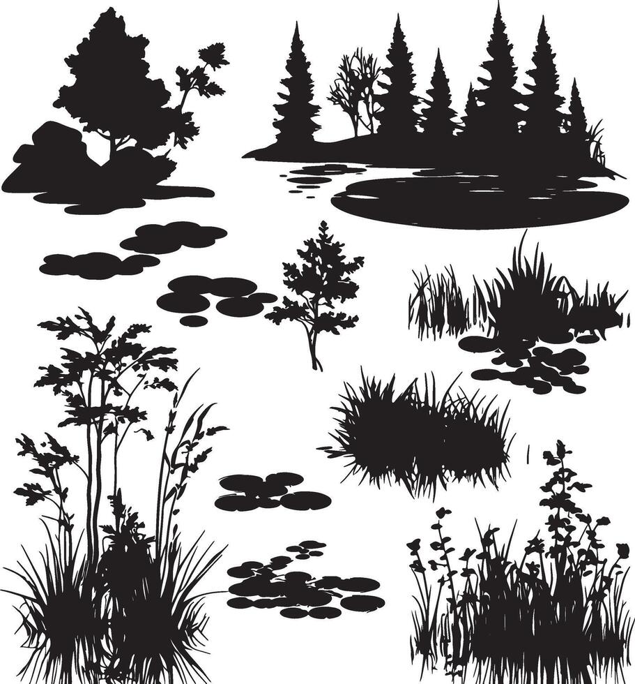 Outlined plants and water lilies in silhouette form. vector