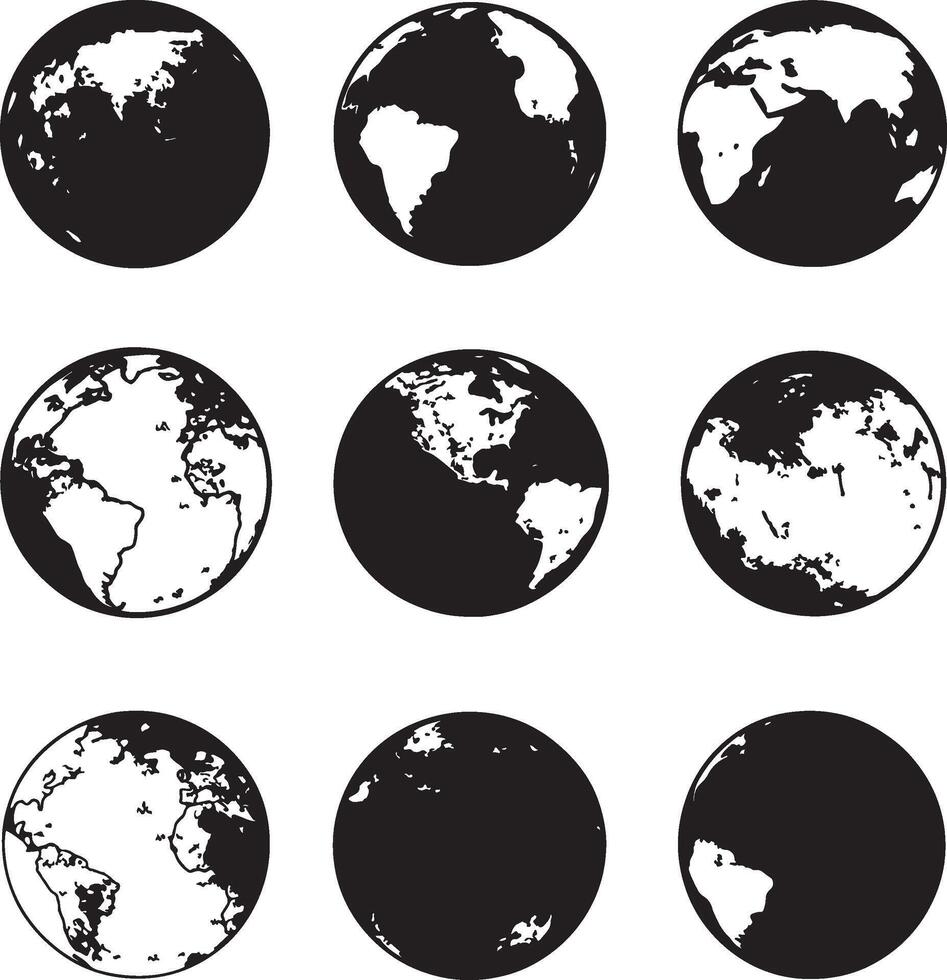 a set of black and white earth globe icons vector