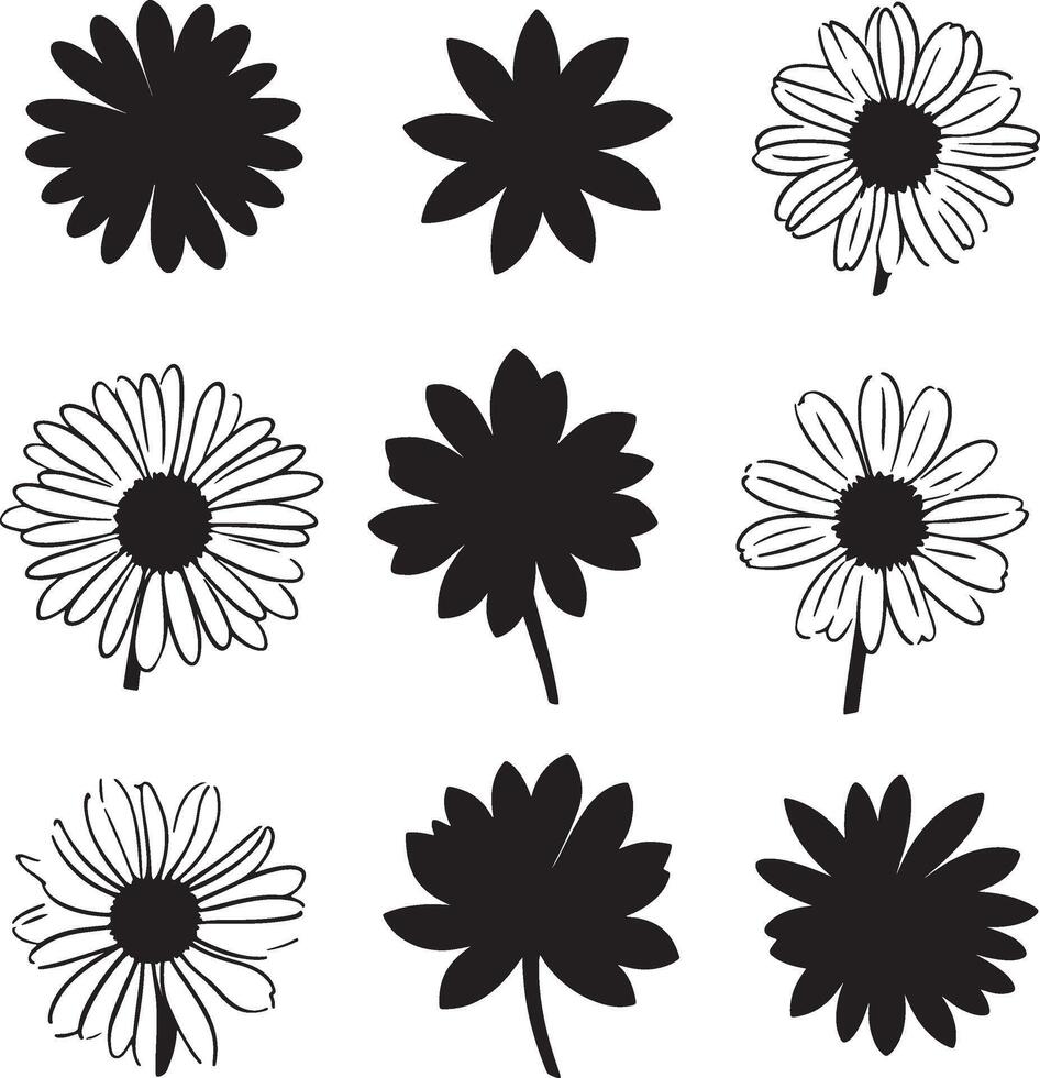 Various black and white flower silhouettes displayed on a white surface. vector