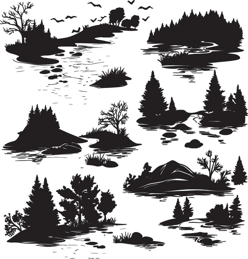 Silhouetted trees and water in a woodland setting. vector