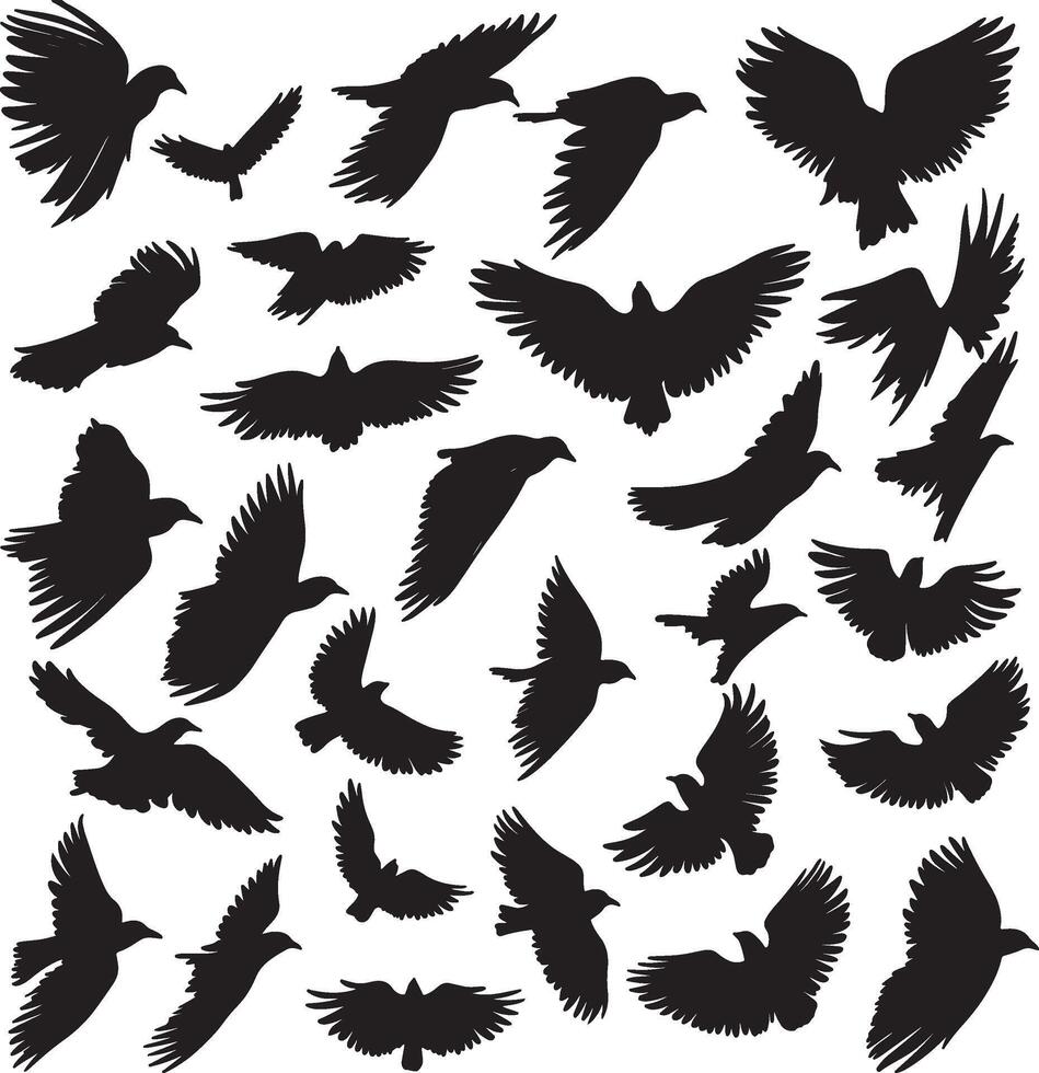 set of black silhouettes of flying birds vector