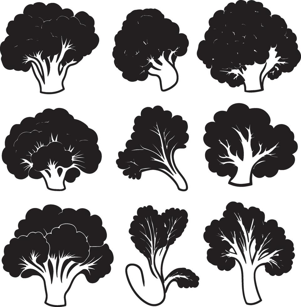 a set of black silhouettes of broccoli vector