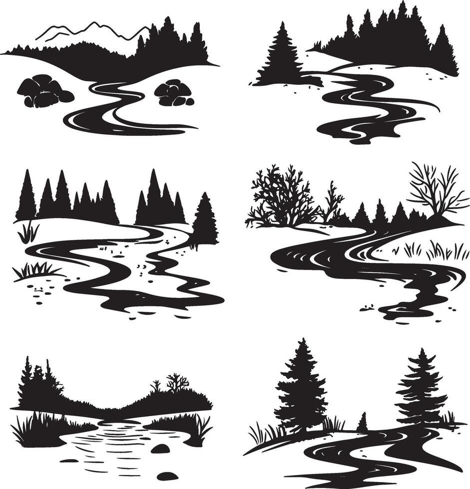 river and forest silhouettes set vector