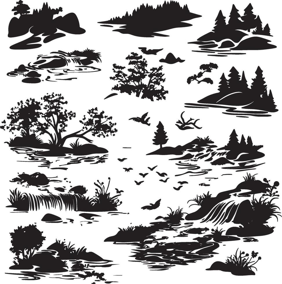 silhouettes of trees, rocks, water and birds vector