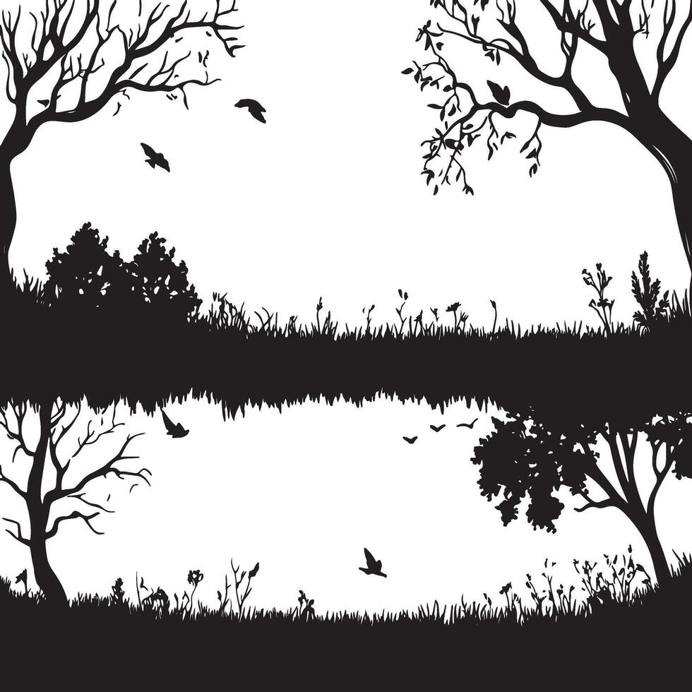 silhouettes of trees and birds in the forest vector