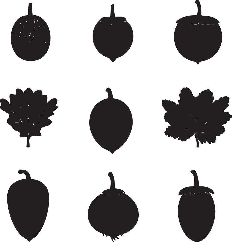 black silhouettes of various fruits and vegetables vector