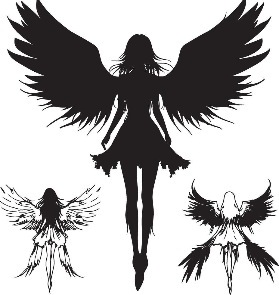 a set of silhouettes of an angel with wings vector