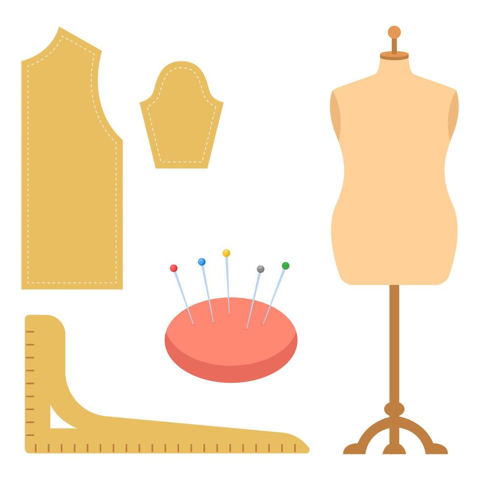 Vintage sewing essentials featuring mannequin, ruler, and various tools. Perfect for crafting blogs, fashion websites, and DIY tutorials. vector