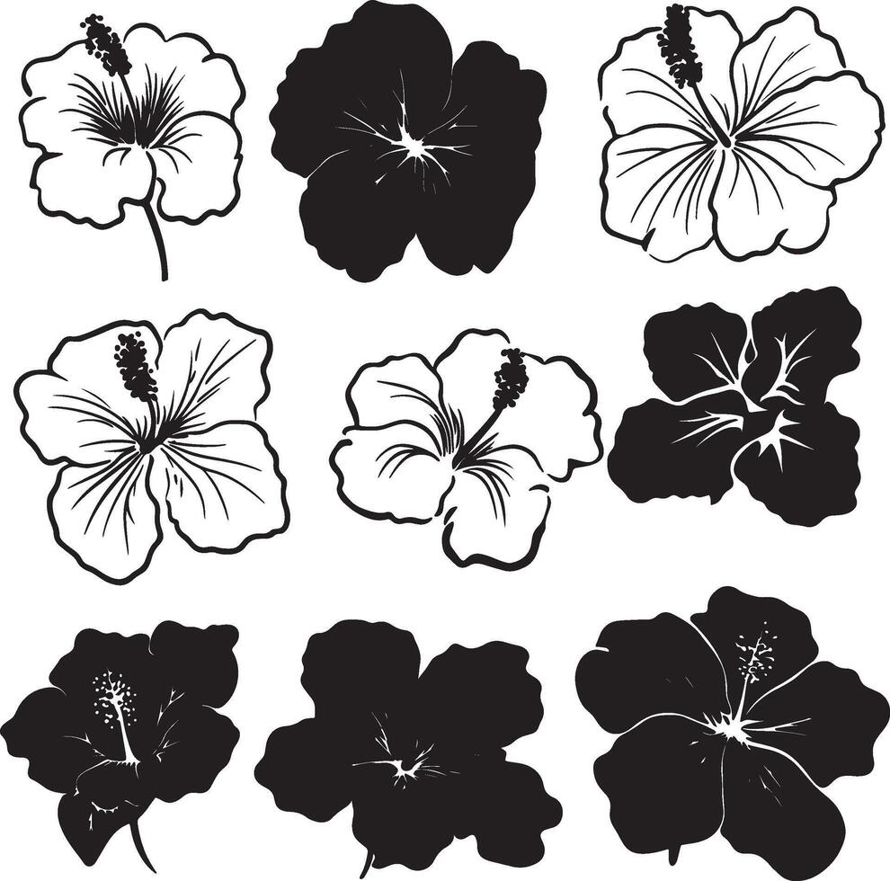 A collection of black and white hibiscus flower silhouettes. vector