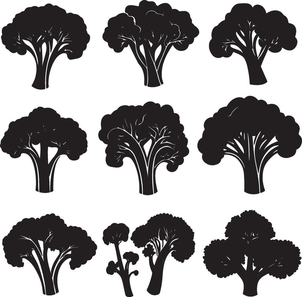 set of black silhouettes of trees, including broccoli, broccoli, broccoli, broccoli, broccoli, vector