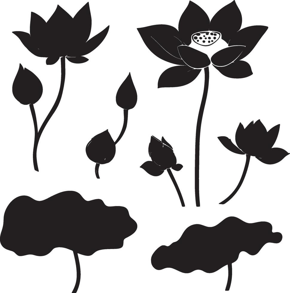silhouettes of lotus flowers and leaves vector