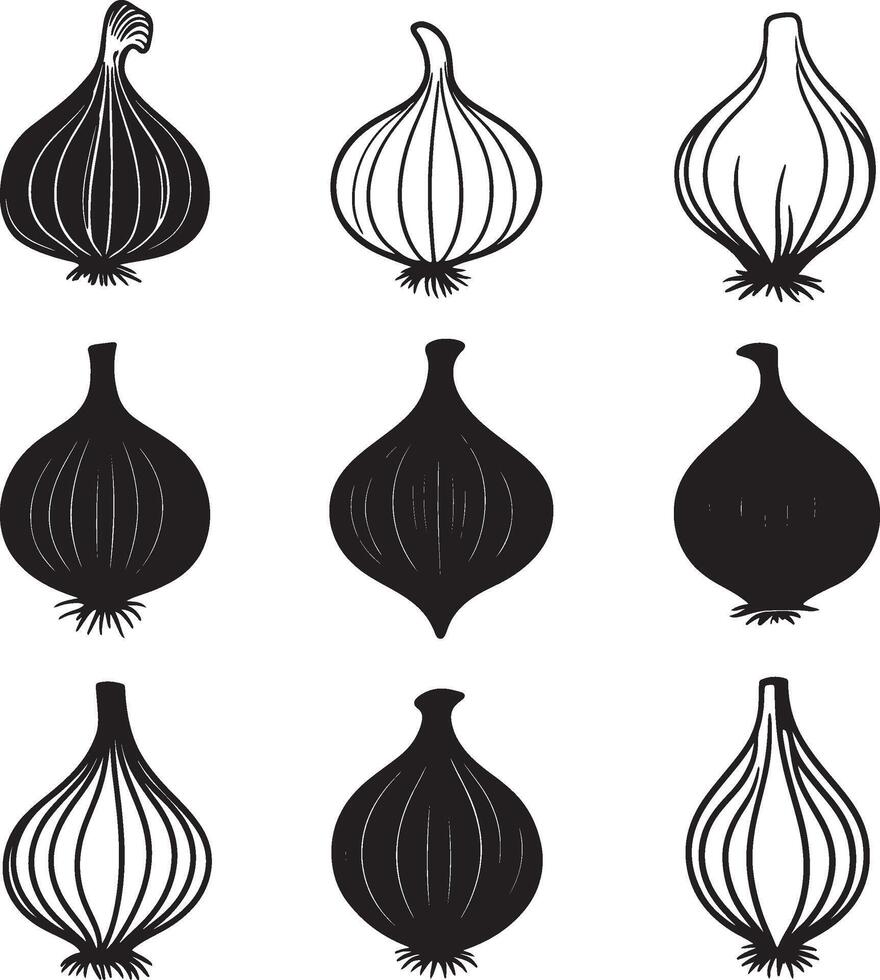 a set of black and white onion silhouettes vector