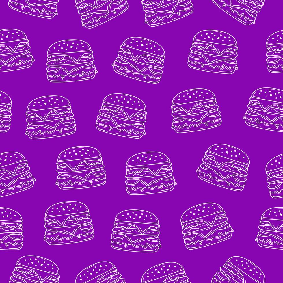 Burger background. Cheeseburger seamless pattern on purple shape. Hand drawn sketch hamburger motif vector