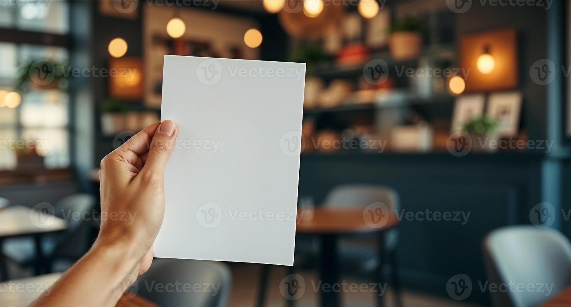 A person holding up a blank paper in a restaurant photo
