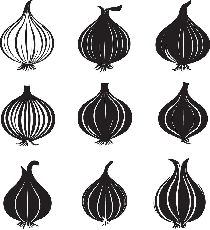 A collection of black and white silhouettes of onions. vector